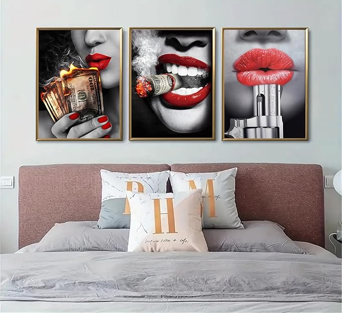 3pcs American Girl Money Wall Art Women Red Lips High Fashion Canvas Prints Posters Trend Black and White Wall Decor Beauty Fashion Abstract Paintings Suitable for Bedroom Living Room Bar Cart Restaurant Wall Decor Unframed