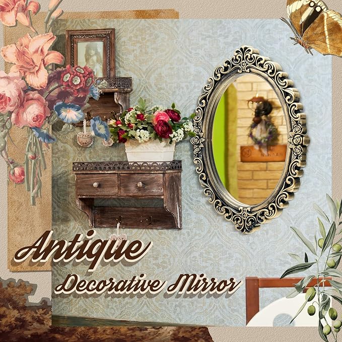 Beeveer 2 Style Vintage Mirrors Set Decorative Oval Wall Mirror Small Antique Mirrored Tray Decorative Hanging Mirror for Bathroom Bedroom Jewelry Organizer Victorian Decor (Square,Antique Gold)