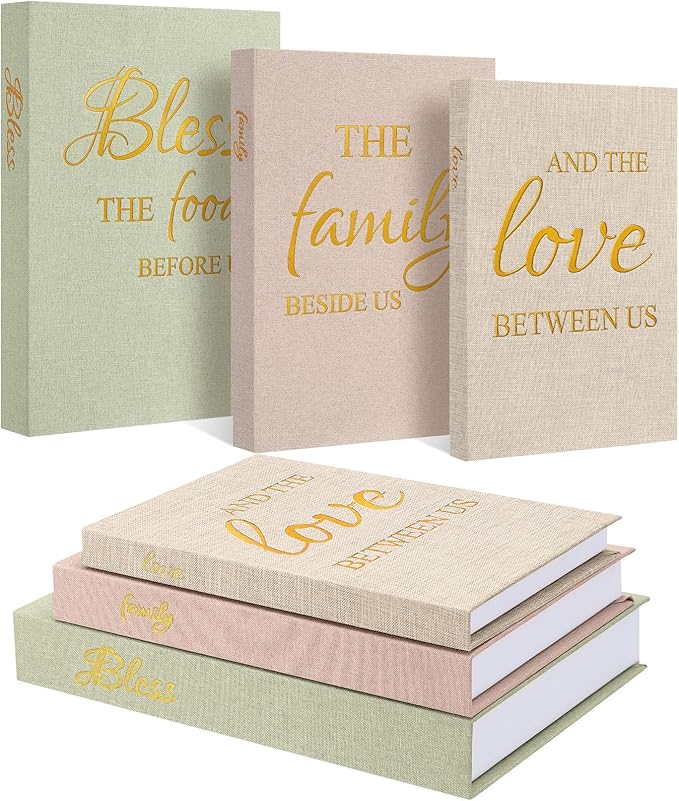 Weysat Set of 3 Linen Covered Decor Books Decorative Books for Home Decor Bless Family Love Stacked Aesthetic Fake Storage Boxes for Coffee Table, Shelf, Console Table, Fireplace Mantel