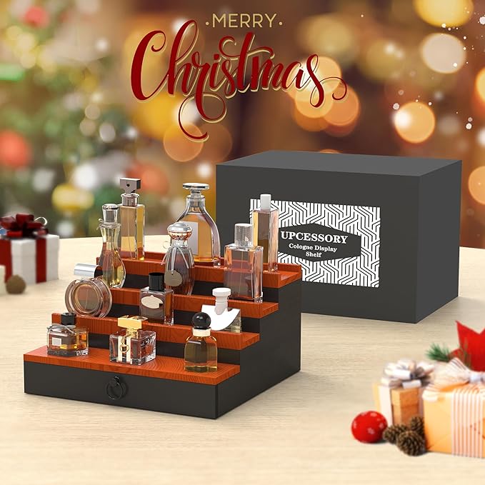 upcessory Cologne Organizer for Men, 4 Tier Perfume Stand, Cologne Shelf with Drawer and Hidden Compartment Perfume Display Holder, A Gift for Men