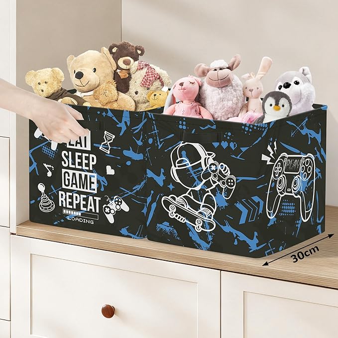 Clastyle 3 Pack 11.8'' Fabric Gamer Storage Basket for Shelves Collapsible Closet Organizers with Metal Frame Bottom Board Large Gamepad Clothes Toy Book Cube Bin for Playroom Bedroom,Blue Black