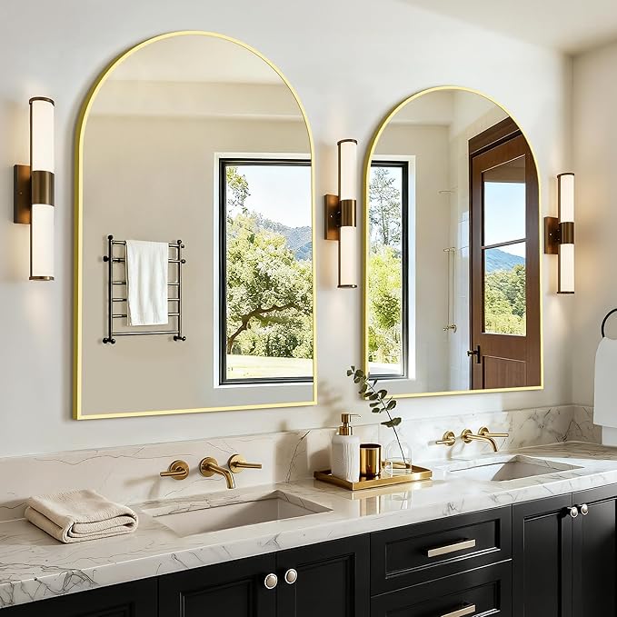 Vanity Bathroom Mirror for Wall, 2 Pack 36”x24” Arched Bathroom Mirror for Over Sink, Arched Metal Frame for Bedroom, Living Room, Entryway, Hanging or Leaning, Gold