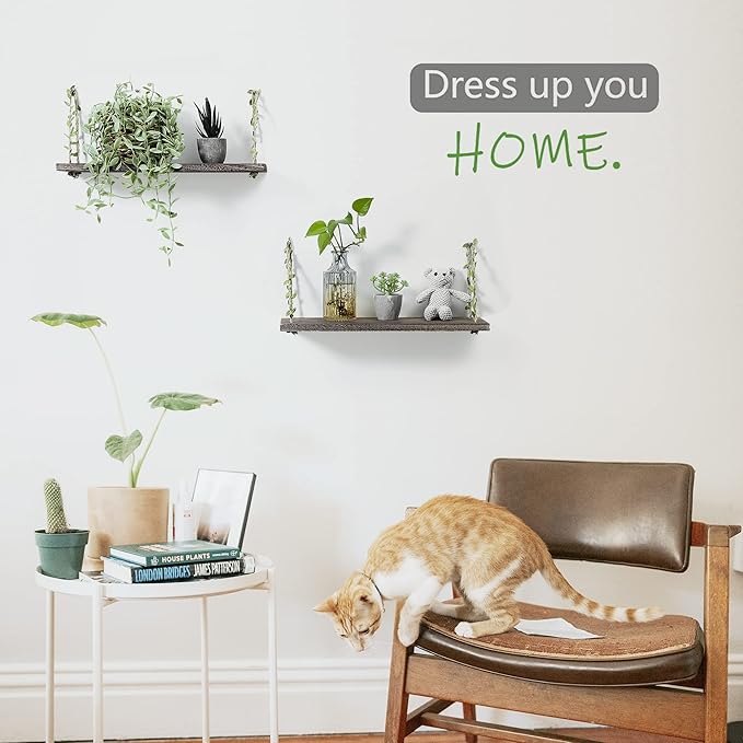 MITIME Leaf Rope Hanging Floating Shelves, Wall Swing Storage Shelf for Home Decor.17, 2-Pack (Retro Color)