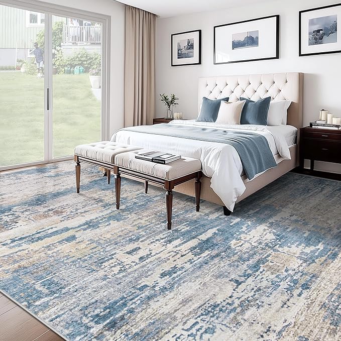 XLUEZ 10x14 Area Rugs for Living Room, Washable Modern Abstract Large Area Rug Neutral Soft Non Slip Kids Rug Stain Resistant Indoor Carpet for Bedroom Dining Room Playroom Office(BlueBeige, 10'x14')