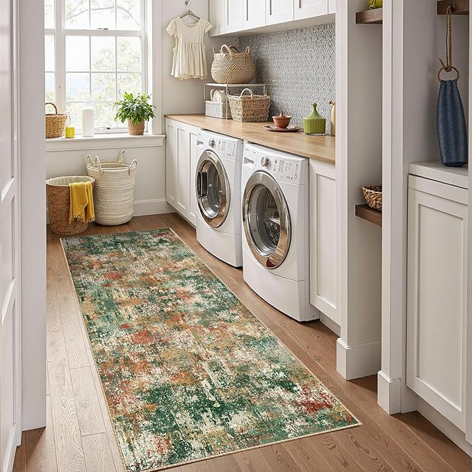 RELEANY Washable Area Rugs 2'x10' Non-Slip Modern Abstract Soft for Living Room Entryway Bedroom Nursery, Print Pattern, Green Orange Rust Red Cream Colorful
