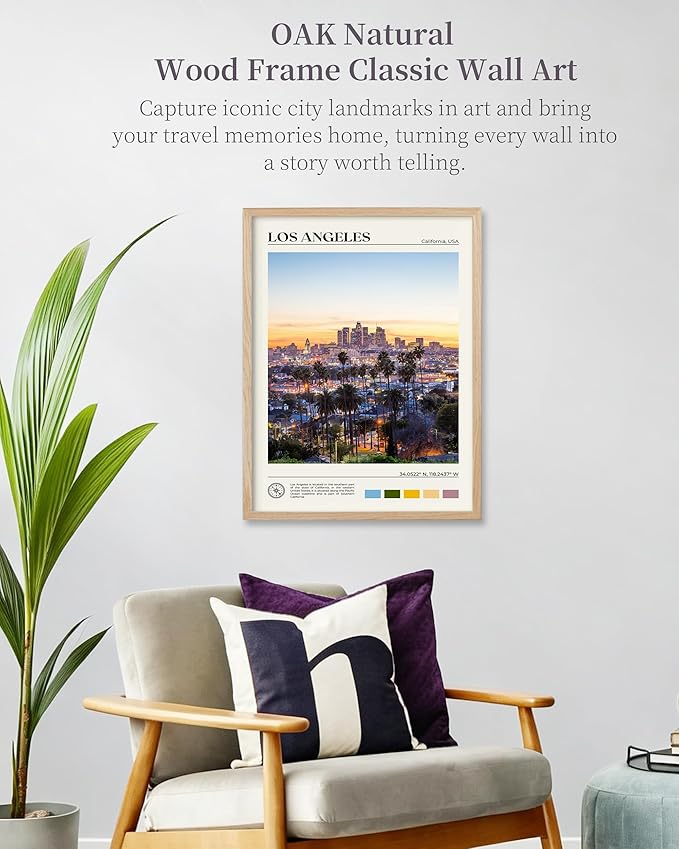 HesenDot Natural OAK Wood Los Angeles Cityscape Framed Wall Art,12x16in City Skyline Canvas Wall Print,Modern Urban Landmark Wall Decor for Living Room,Bedroom,Office Gallery Gifts Set of 1