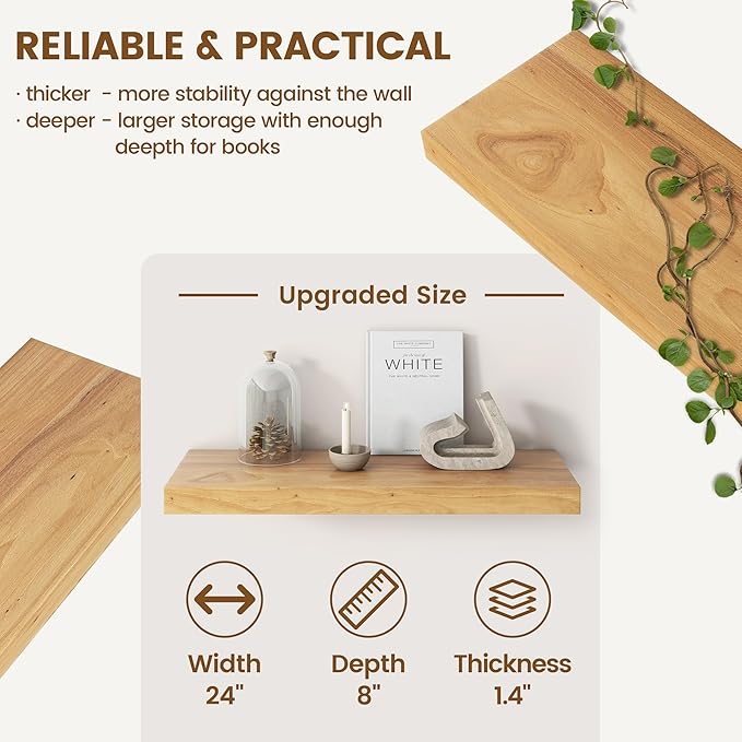 Venusmiles Elm Floating Shelves for Wall Decor, Rustic Solid Wood Shevles Wall Mounted with Invisible Bracket for Living Room Bathroom Bedroom Kitchen, 24 Inch Set of 2, Natural