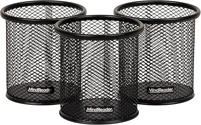 Mind Reader Pen and Accessories Holder, Desktop Organizer, Office, Metal Mesh, 3.5"L x 3.5"W x 3.75"H, Set of 3, Black