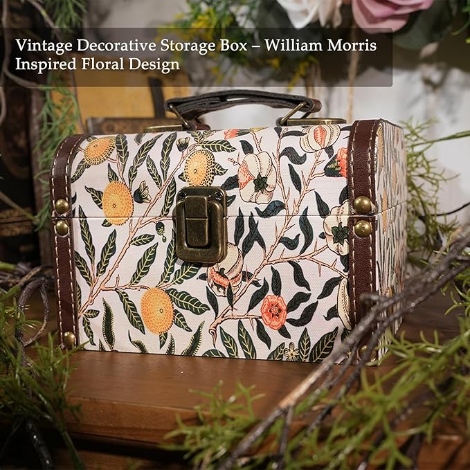 Vintage Decorative Storage Box with Handle, Retro Floral William Morris Keepsake Organizer Chest for Jewelry, Trinkets, Gift Packaging and Home Decor, 7 x 5.6 x 4.7 Inch