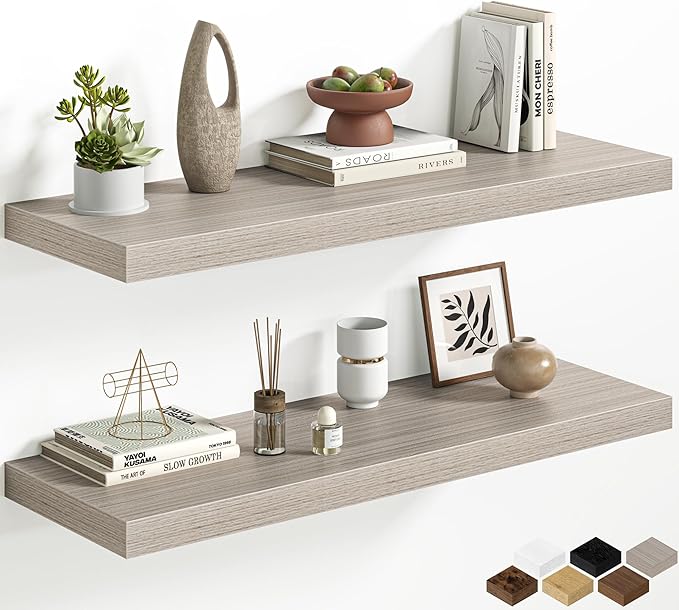 36 Inch Floating Shelves for Wall, 12 Inch Deep Shelves for Bedroom, Kitchen, Bathroom Wall Mounted, Rustic Wood Floating Shelf with Invisible Brackets for Books, Storage, Decor, Gray, 2 Pack