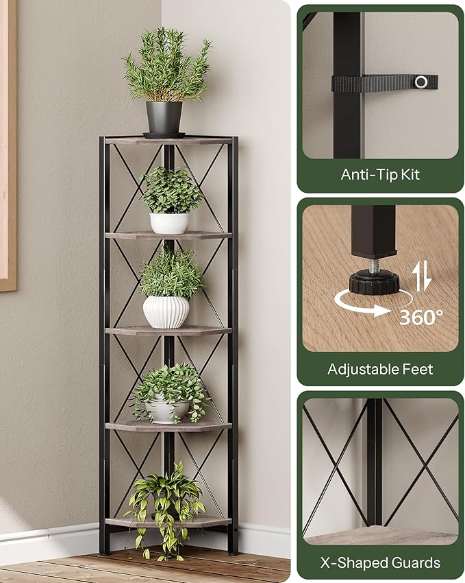 CHOEZON 5-Tier Corner Shelf, Corner Bookcase, 55.2" Tall Vertical Display Rack, Plant Stand, Open Storage Shelf, for Living Room, Bedroom, Study, Kitchen, Greige and Black TCJ12BG