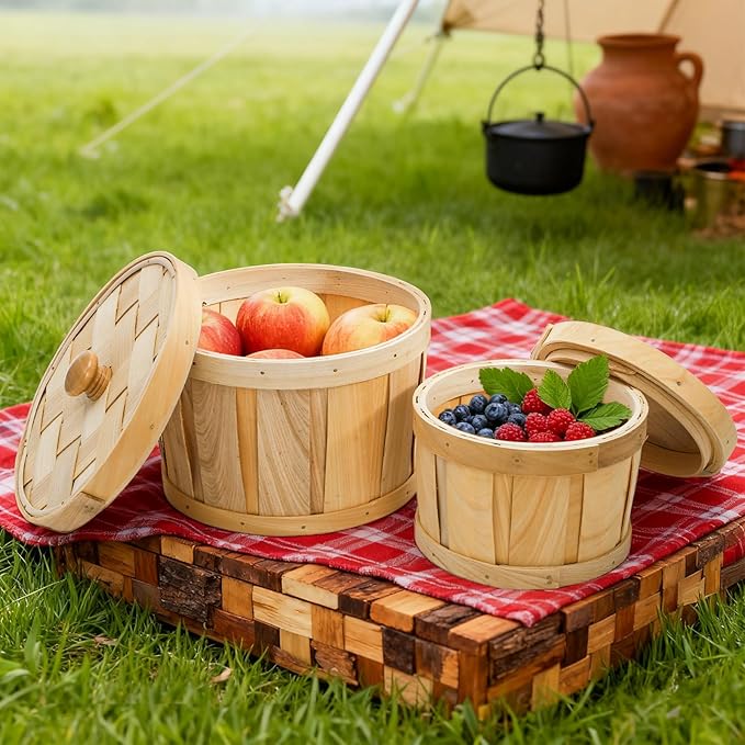 Lawei Set of 2 Round Woven Storage Baskets with Lids, Natural Woodchip Decorative Storage Fruit Buckets, Dust-Proof Kitchen Snack Organizer & Home Decor Storage Bins for Shelf, Home, Office
