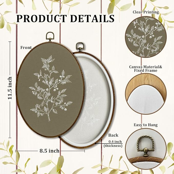 JQF Vintage Floral Oval Wall Decor, Rustic Floral Oval Canvas Wall Art, Neutral Cottagecore Farmhouse Botanical Flower Framed Prints Hanging Decor for Home Bedroom Living Room, 8.5x11.5 Inch