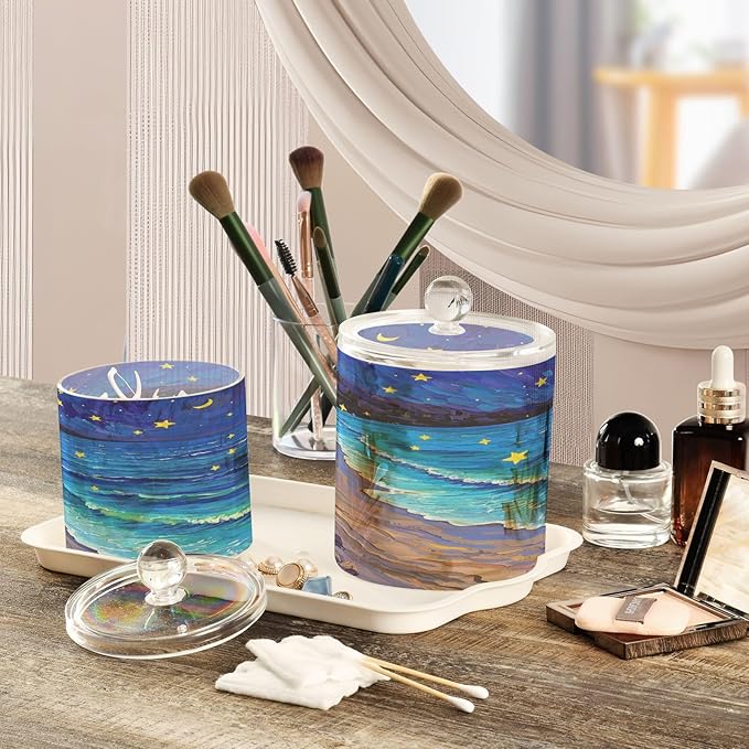 Art Starry Beach Clear Plastic Makeup Organizer Storage with lid Pantry Essentials Decorative storage bin for Cotton Swabs,Cotton Pads,Floss Picks,Paper Clips,Hair Clips 2 Pack