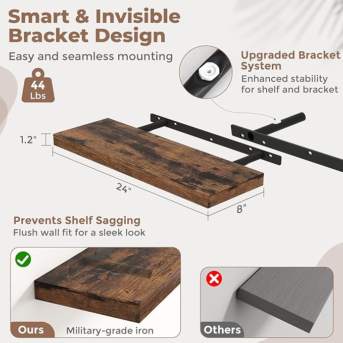 24 Inch Floating Shelves for Wall with Invisible Brackets Set of 2, 8"D Engineered Wood Wall Shelves with Wood Grain for Living Room, Bedroom, Bathroom, Kitchen Decor and Storage, Rustic Brown