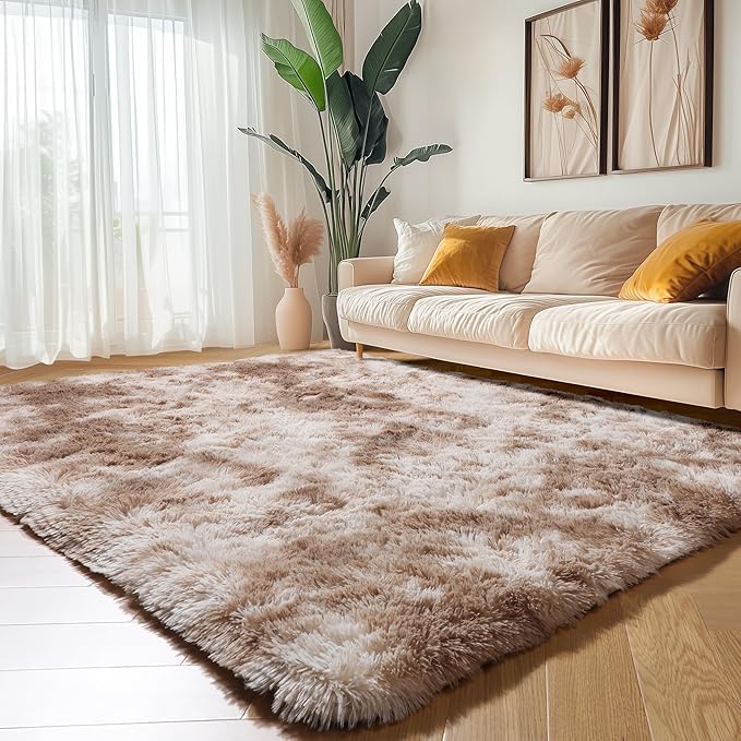 Amdrebio Tie-Dyed Beige Tan Rugs for Bedroom Living Room, Cute Fluffy Plush Neutral Area Rug 4x6 for Kids Room Decor Aesthetic, Soft Furry Fuzzy Shaggy Carpet for Baby Nursery Playroom Preppy Dorm