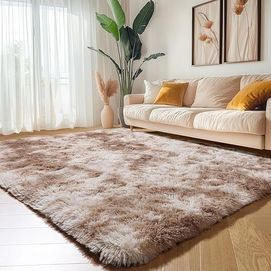 Amdrebio Tie-Dyed Beige Tan Area Rugs for Bedroom Kids Room, 5x7 Cute Fluffy Plush Shaggy Rug for Living Room Decor Aesthetic, Soft Furry Fuzzy Neutral Carpet for Baby Nursery Playroom Preppy Dorm