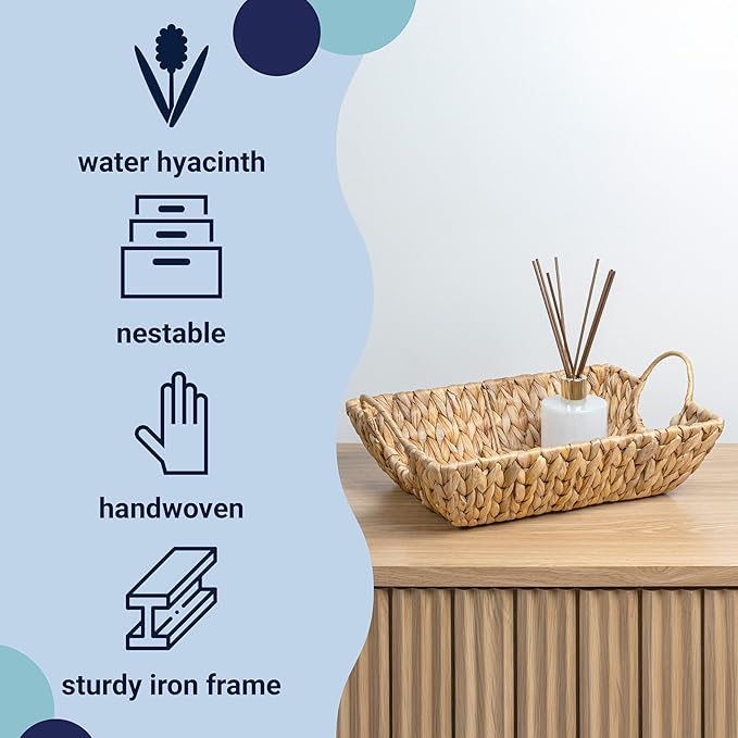 happimess TRY2000A-3SET Rowan Bohemian Cottage Handwoven Hyacinth Rectangular Decorative Basket Trays with Handles, Natural (Set of 3) for Storage and Decoration in Bathroom, Bedroom, Living Room