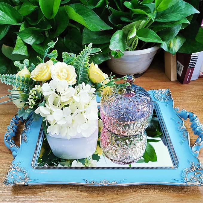 Rectangle Decorative Mirror Tray, French Style, Makeup Organizer, Jewelry Organizer, Serving Tray, 9.5"x 14.9", Golden Blue