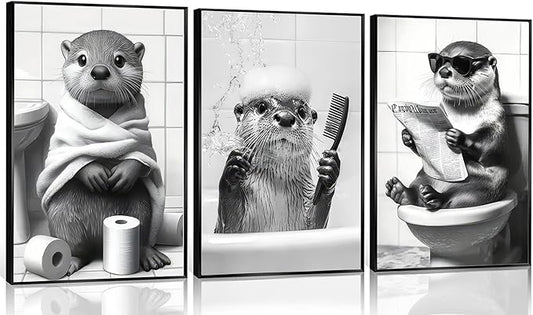 3Pcs Cute Otter Canvas Wall Art Black And White Animal Poster Print Funny otter bathing and reading newspaper Picture Painting Wall Decor for Bathroom Restroom Home Decoration Unframed