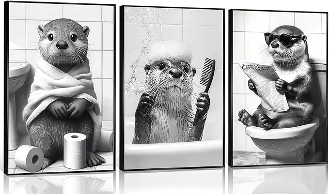 3Pcs Cute Otter Canvas Wall Art Black And White Animal Poster Print Funny otter bathing and reading newspaper Picture Painting Wall Decor for Bathroom Restroom Home Decoration Unframed