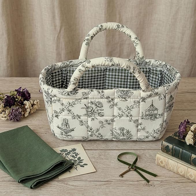 3Pcs Mini Fabric Storage Baskets – Decorative Small Floral Organizer Boxes with Soft Handles, Holds Cosmetics, Jewelry, Socks