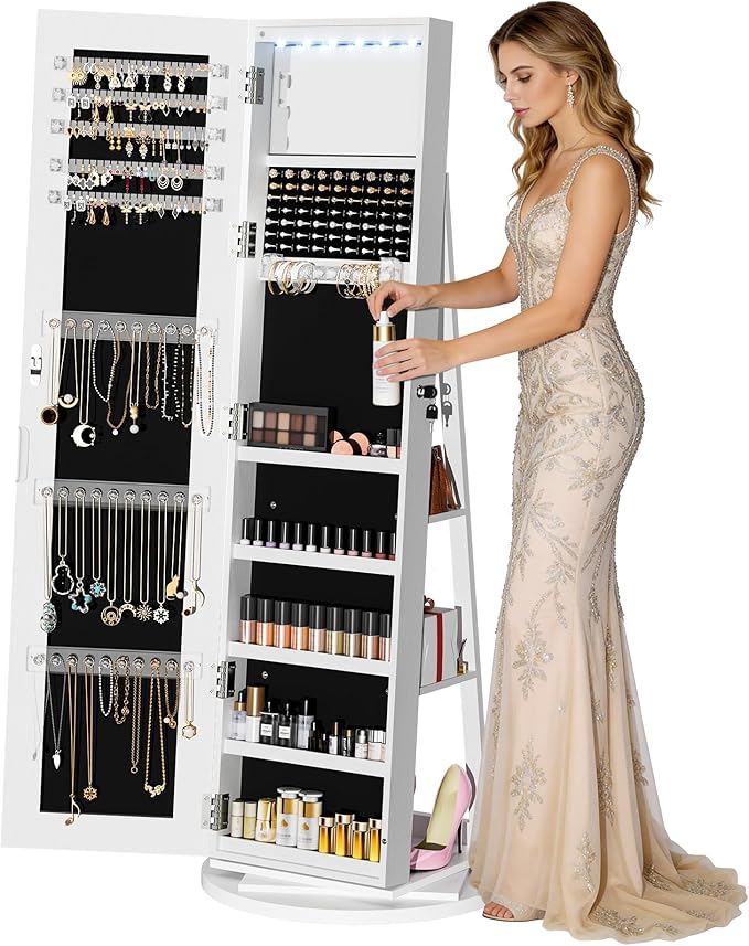 6 LEDs Jewelry Cabinet Standing Lockable with Rotatable Full-Length Mirror, 360° Swivel Jewelry Armoire with Jewelry Storage, 3 Rear Shelves, Jewelry Organizer for Best Gift, White