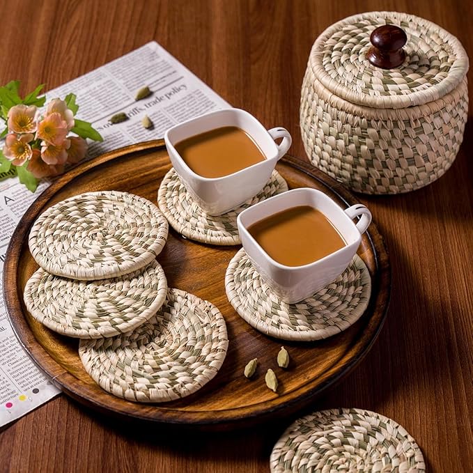 Handwoven Sabai Grass Coaster Set with Holder – Set of 6 Natural Eco-Friendly Drink Coasters, Absorbent Table Protectors with Storage Basket & Lid – Rustic Home Décor