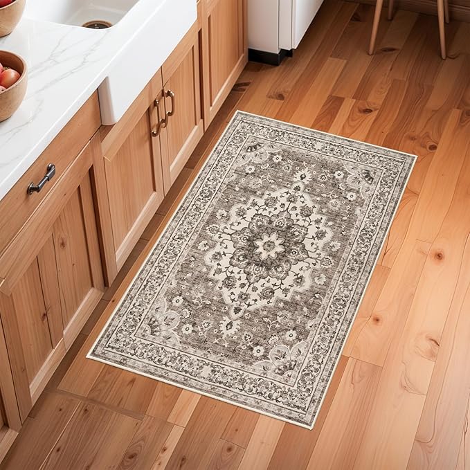Washable Oriental Area Rug - 2x3 Rugs for Living Room Soft Carpet for Bedroom Waterproof Floral Distressed Indoor Stain Resistant Non-Shedding Floor Carpets (Beige, 2x3)