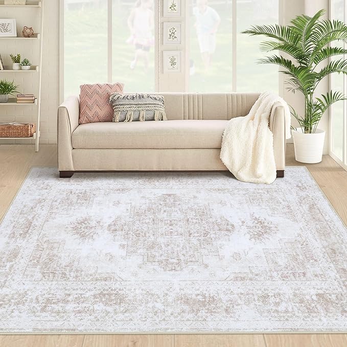 XLUEZ Area Rug 4x6 Vintage Rug, Machine Washable Vintage Distressed Medallion Rug Non-Slip Soft Low Pile Large Indoor Rugs for Bedroom Kitchen Dining Room Office(Beige,4'x6')