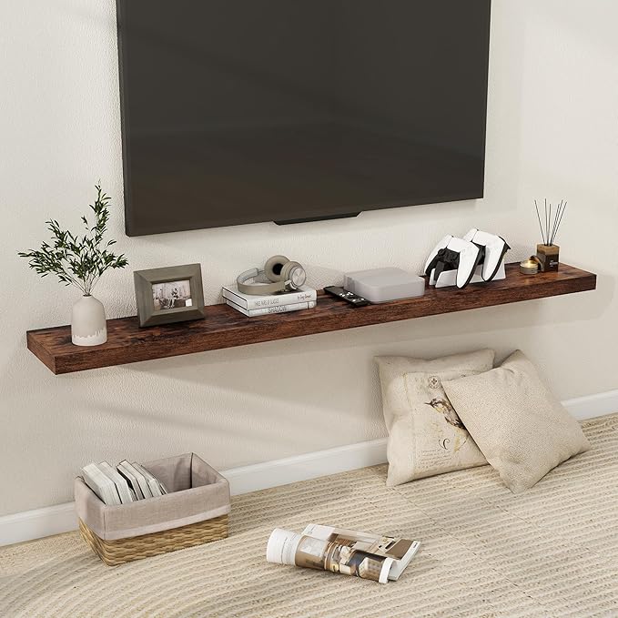 Fun Memories 66 Inch Fireplace Mantel Shelf with Invisible Bracket, 8 Inch Deep Floating Shelf for Living Room, Kitchen, Farmhouse, Brown (2-Pack)