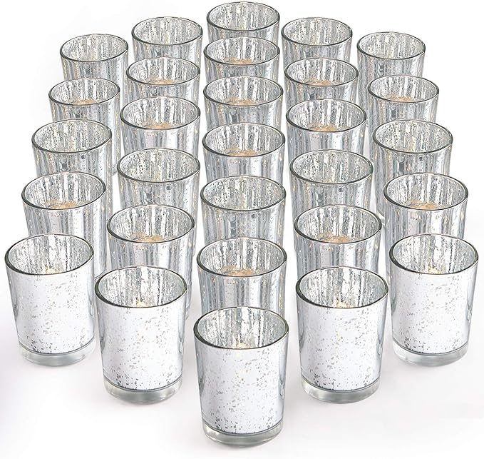 LETINE Silver Votive Candle Holders Set of 36 - Speckled Mercury Silver Glass Candle Holder Bulk - Ideal for Valentine's Day Decorations Indoor，Spring&Summer Wedding Centerpieces，Home Decor