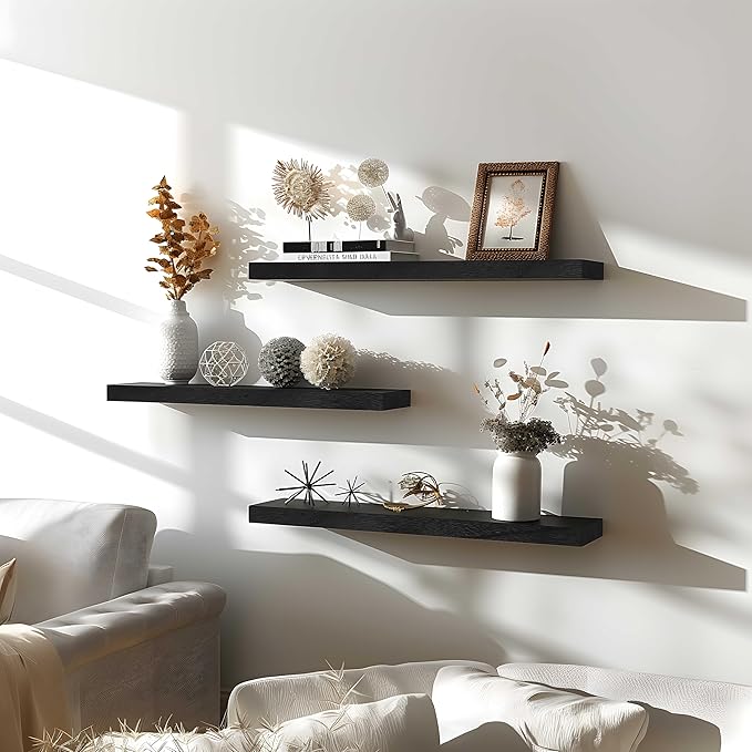 GXYAWPJ 24 Inch Floating Shelves for Wall Rustic Black Wood Wall Shelves for Bedroom Set of 4