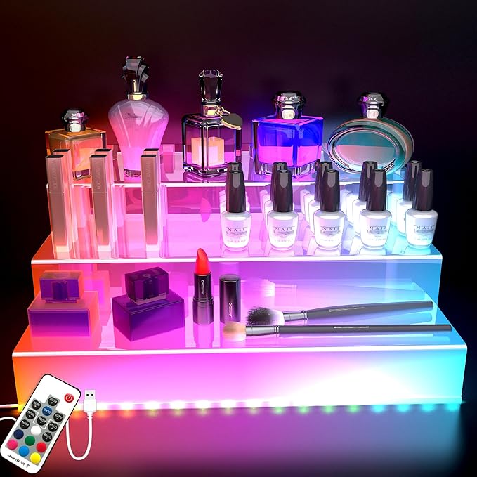 12 IN Clear Display Riser Stand with LED Light， Acrylic Organizer for Perfume, Figures, Cupcake, Dessert, Cologne Holder, Desktop Display Stand for Organize and Decoration