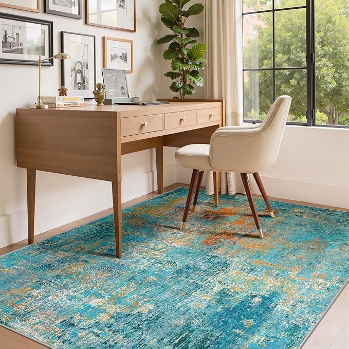 RELEANY Washable Area Rugs 5'x7' Non-Slip Modern Abstract Soft for Living Room Entryway Bedroom Nursery, Print Pattern, Teal Blue Green Orange Rust Red Coloreful