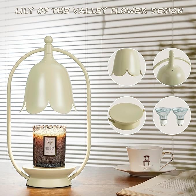 Beige Flower Candle Warmer Lamp, Christmas Gift New Year Present Wedding Lamp - Timer Dimmable, Bedroom House Aesthetic Living Girls Women Mom Room New Home Decor