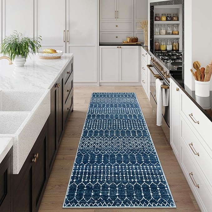 Lahome Moroccan Washable Runner Rug 2x10, Non Slip Hallway Runner Rug 10 Ft Ultra-Thin Kitchen Runners Non Skid, Soft Modern Geometric Print Carpet Runners for Entryway Stair Hana, Blue
