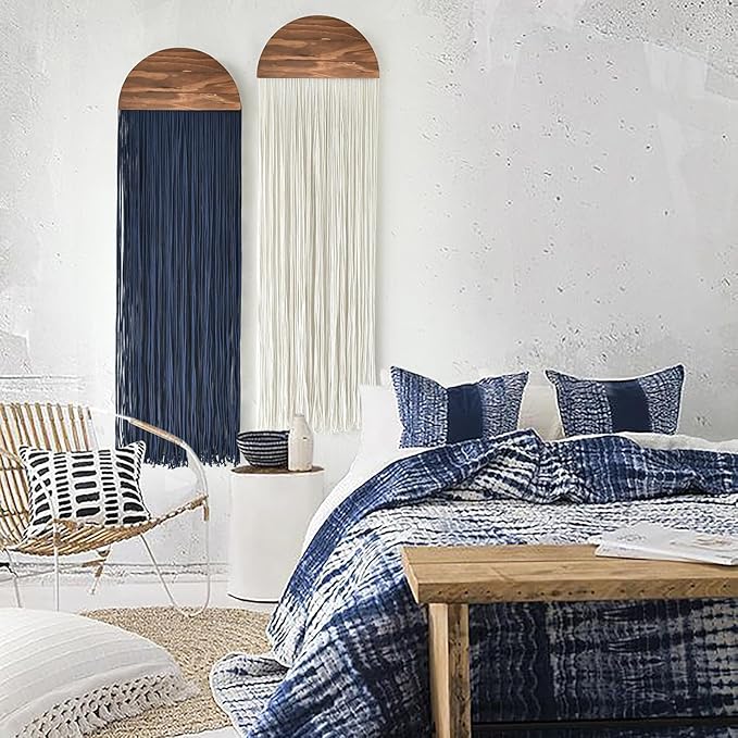 2 Pcs Macrame Wall Hanging Fiber Wall Art Boho Fringe Wall Decor Handmade Modern Textile Tapestry for Living Room Bedroom Apartment Scandinavian Home Decor 13.7" W x 51" L