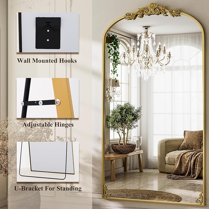 GLSLAND Oversized Vintage Mirror - 72"x 44" Full Length Mirror Large Carved Arched Mirrors with Metal Frame Baroque Full Body for Bathroom/Living Room/Entryway,Gold
