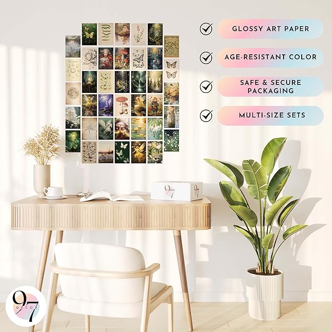 97 Decor Fairycore Room Decor - 40pcs Fairycore Decor Aesthetic Pictures, Cottagecore Wall Art, Goblincore Earthy Wall Art, Vintage Fairy Posters Mushroom Prints for Dorm Bedroom (4"x6")