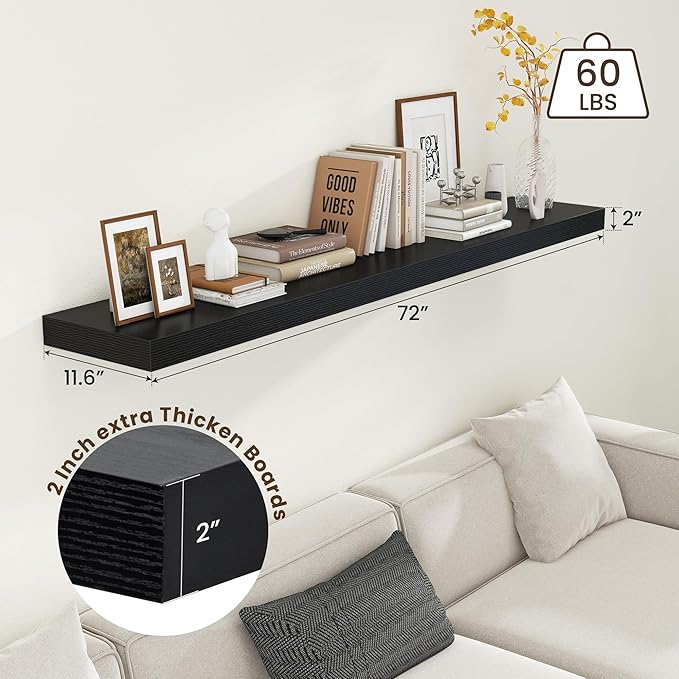 FLYJOE 72 Inch Black Floating Shelf | 12 Inch Deep Floating Shelves Set of 1 | 72" D x 12" D Rustic Wood Shelves for Wall | Deep Black Shelves for Living Room Bathroom Laundry Room Kitchen