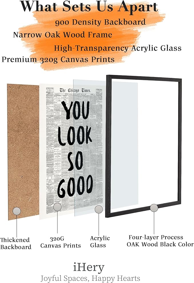 iHery Premium Natural Black OAK Wood 12x16in You Look So Good Trendy Inspirational Framed Wall Art, Vintage Girl Newspaper Motivational Canvas Wall Decor For Dorm Bedroom Living Room Posters 1Pack