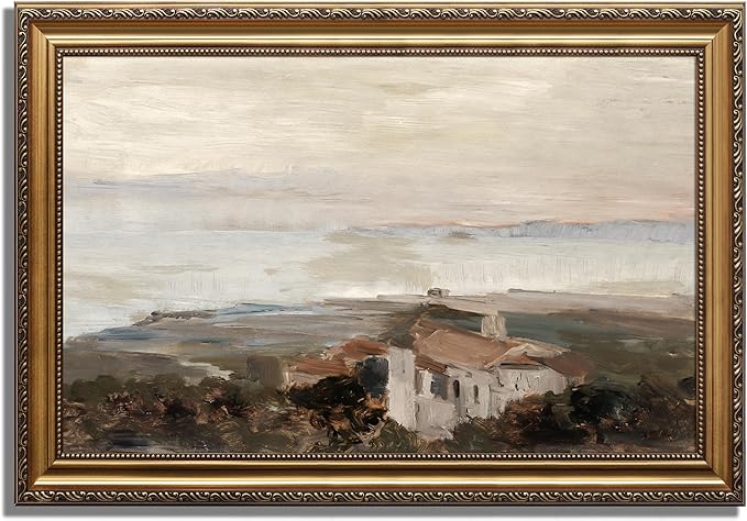 KBKBART Vintage Framed Wall Art for Living Room, Retro Muted European Coastal Prints Painting, Neutral Warm Tone Landscape Art Wall Decor, Gold Framed Oil Painting Canvas Artwork, 12"x16"