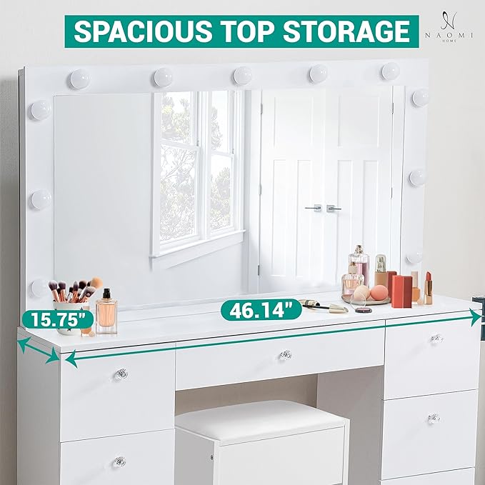 Naomi Home 46" Makeup Vanity Desk with Mirror & Lights – Dressing Table with 11 LED Bulbs, Adjustable Brightness & 3 Modes – Vanity Set with Chair, 7 Storage Drawers & Charging Station (White)
