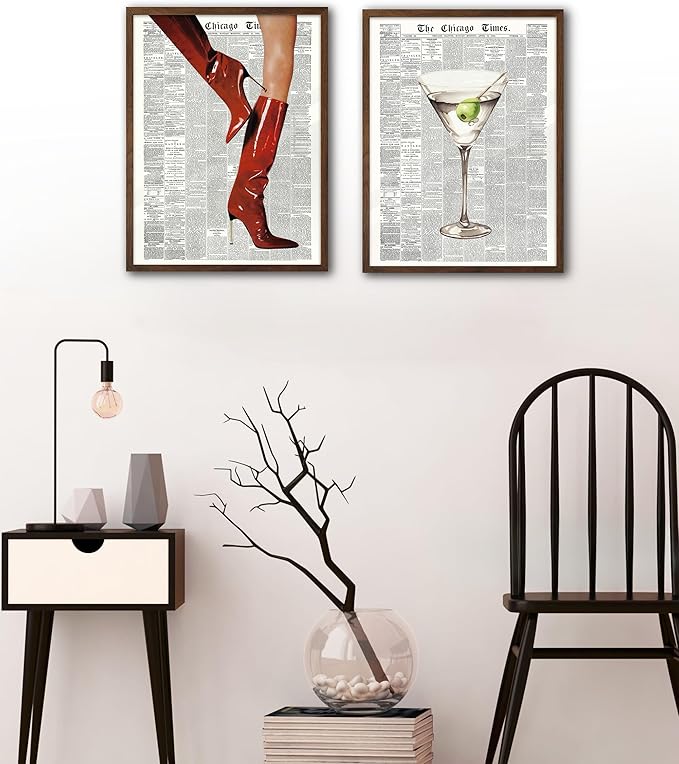 EcoHest Trendy Newspaper Red Boots Framed Wall Art, 12x16 in Walnut Color OAK Wood Fashion Icon Canvas Wall Art, Magazine Retro Home Decor, Set of 1 for Bedroom Living Room