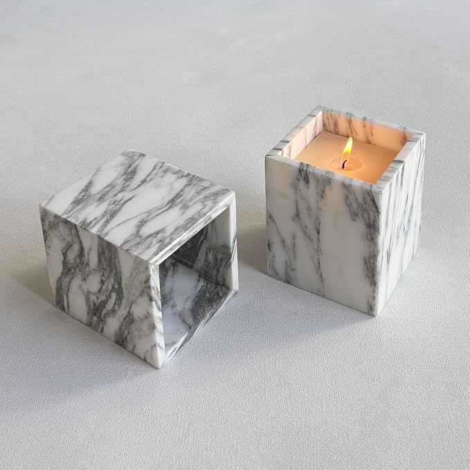 Natural Marble Stone Square Storage Container Empty Vessel Holder Cup for Candle/Pens/Sundries items (Arabescato White)
