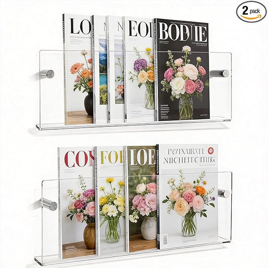 2-Pack Acrylic Magazine Holder Wall Mounted - Clear Wall Shelf Organizer for Books, Brochures, Mail, Office, Home, Living Room, Waiting Room Storage
