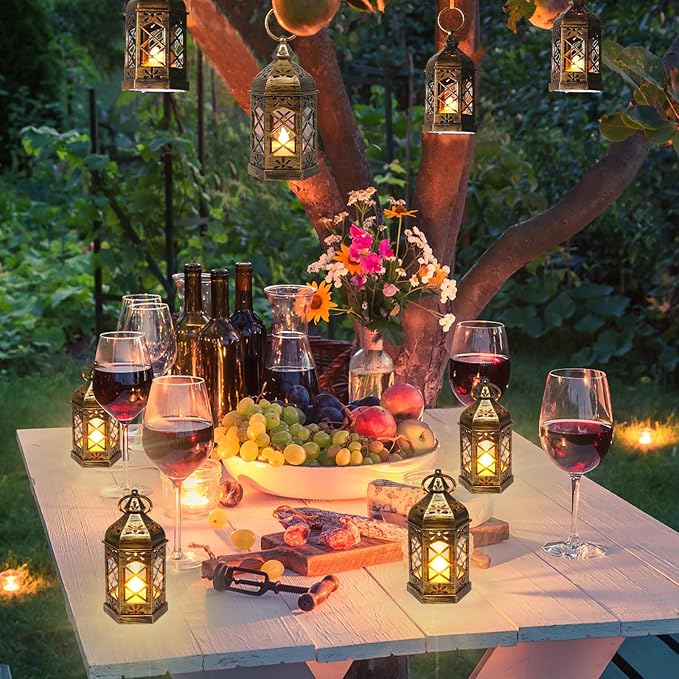 Mini Lantern Decorative, 12Pcs Small Lanterns with LED Candle, Ramadan Decorations, Hanging Vintage Moroccan Lantern Bulk for Easter Wedding Xmas Party Table Centerpiece, Brushed Brass