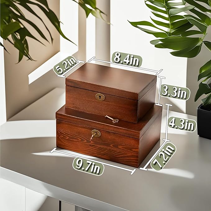 Wooden Box with Hinged Lid - 2 Pack - Vintage Decorative & Lockable Chest - for Keepsakes, Valuables, Accessories, Treasured Items - Walnut-Like Wood Finish, Aged Brass Hinges & Antique Lock