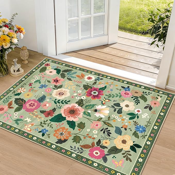 RELEANY Floral Nursery 2x3 Area Rugs Washable Print Boho Cute Carpet Non Slip Flower Low Pile for Living Room Kids Girls Playroom Bedroom Kitchen Office Farmhouse-Light Green